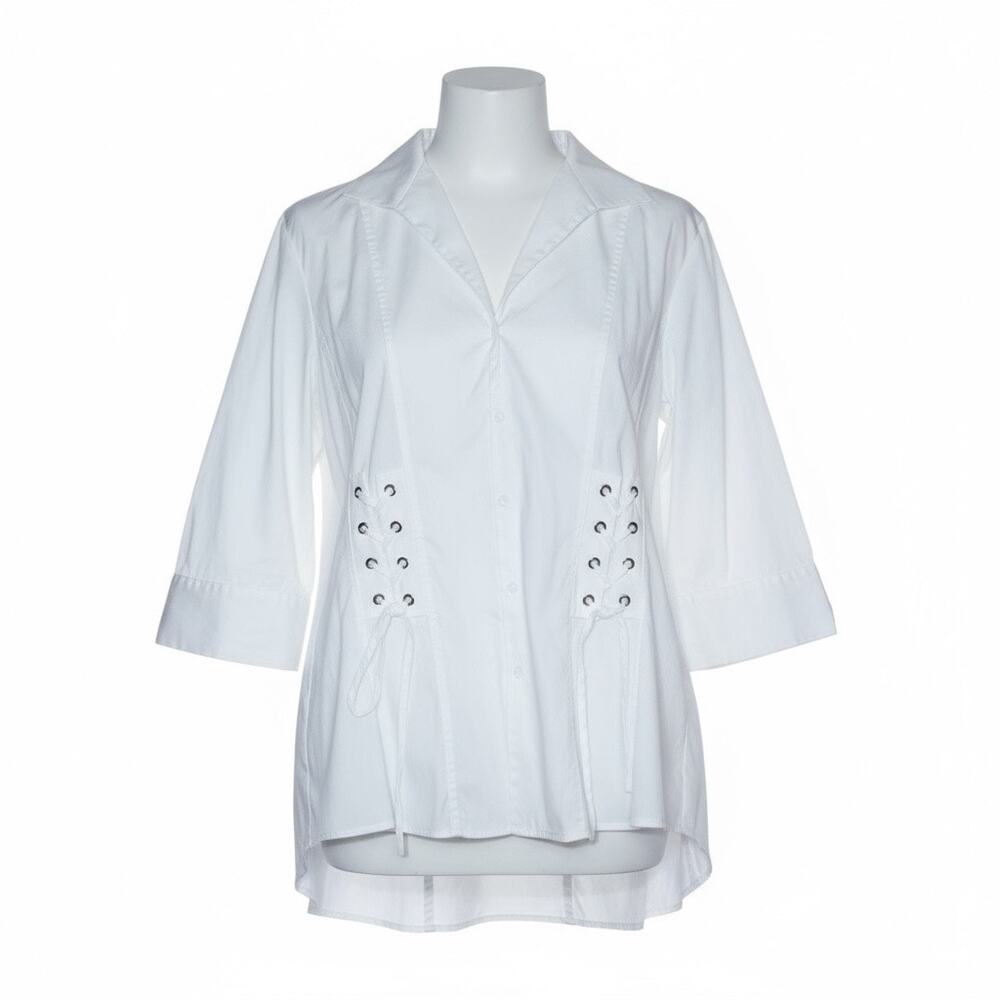 Lafayette 148 White Blouse with 3/4 Sleeves and Lacing Detail – Size 12